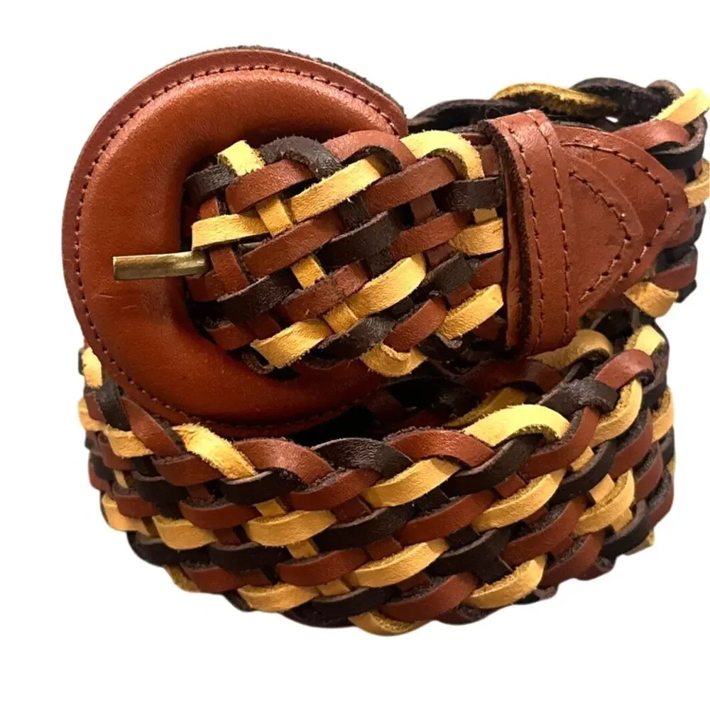 Argentina Leather Belt XL Multicolor Brown Yellow Braided Woven Boho Western Y2K